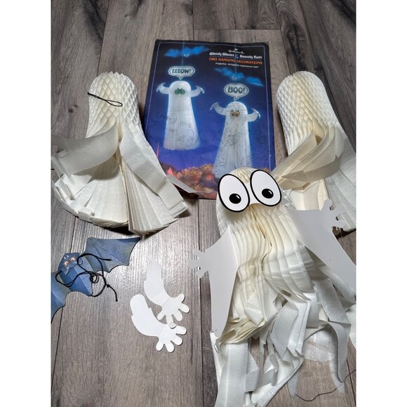 Vintage Halloween Party Hanging Ghost Decorations Set With Bat & Paper Ghosts - Picture 1 of 8